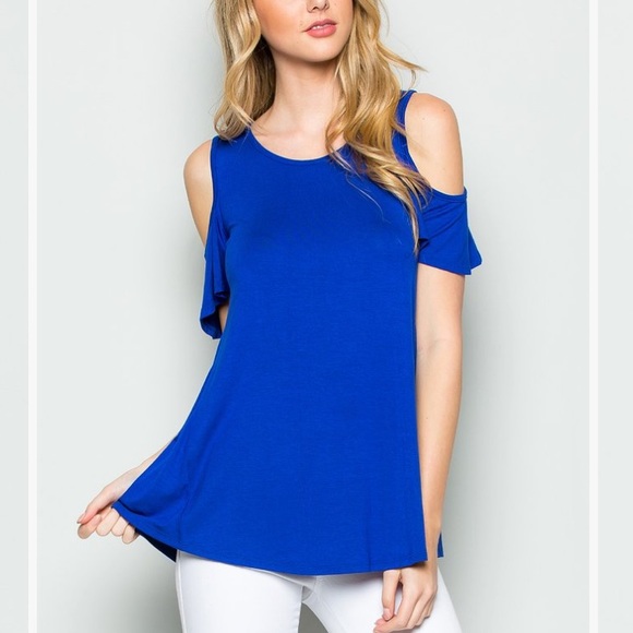 Royal Blue Shoulder-Cutout Short Ruffle-Sleeve Top, M - Picture 2 of 4